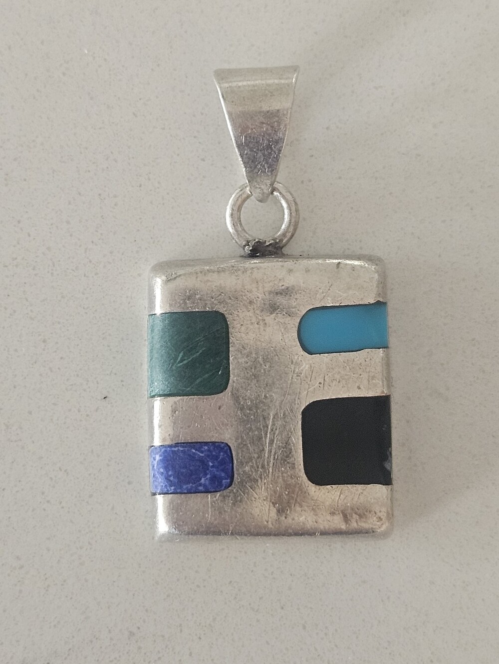 Vintage ATI Mexico Sterling Geometric Pendant Malachite, Lapiz, Turquoise, Onyx